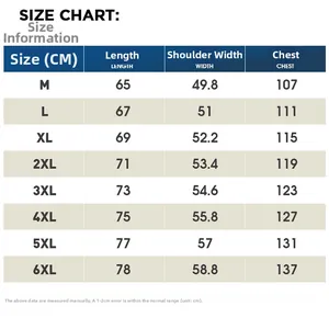 Detailed size chart for men's casual jacket from M to 6XL with precise measurements