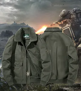 Close-up of army green winter jacket with thick fleece lining and cargo pockets