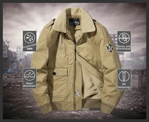 Close-up of khaki flight jacket with warm fleece collar and tactical utility pockets