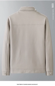 Detailed back view of a men's beige wool blend jacket showing lapel and cuff buttons