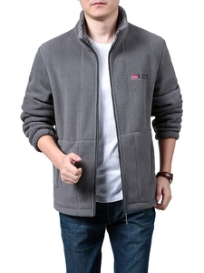 Men's grey fleece jacket with high collar and outdoor embroidery, loose warm outerwear
