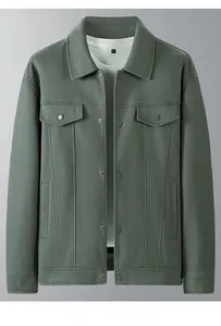 Detail of olive green wool jacket showing polo collar and stitched size label inside