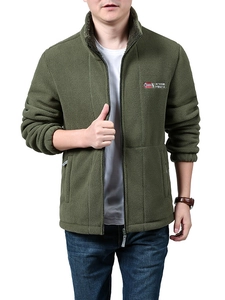 Men's outdoor army green fleece jacket with standing collar and embroidered logo
