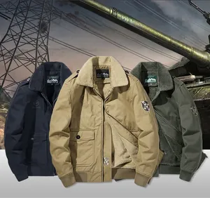 Mens winter flight jacket detail showing thick fleece lining in navy khaki and green