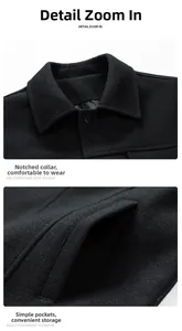 Close-up detail of black wool jacket featuring turn-down collar and side pocket texture