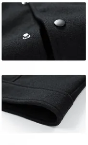 Detail view of matte metal snaps and double-stitched hem on black wool jacket