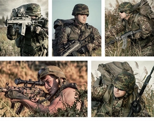Detailed close-up of jungle digital camouflage jacket and tactical vest for outdoors