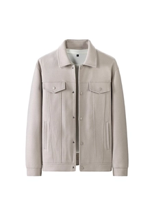 Men's casual oatmeal lapel jacket featuring chest pockets and metal snap buttons
