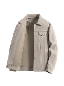 Men's loose beige lapel jacket with chest pocket and snap buttons in premium wool blend