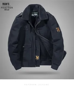 Close-up of navy military jacket featuring fleece collar, utility pockets, and retro patches