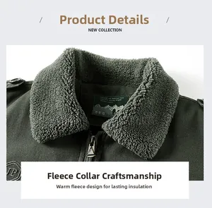 Detail of the warm fleece-lined collar on a heavy military-style winter jacket