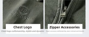 Detail of JP FASHION logo embossing and durable metal zipper on green jacket fabric