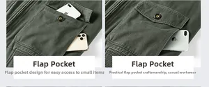Detail of army green workwear jacket showing large flap pocket holding a smartphone