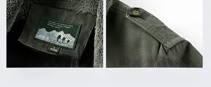 Detail of army green winter jacket featuring fleece lining and shoulder epaulette button