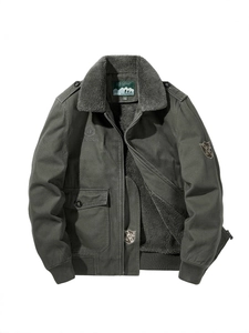 Men's Vintage Military Workwear Cotton Jacket Thickened Fleece Lined Padded Coat With Fur Collar Warm Winter Flight Jacket