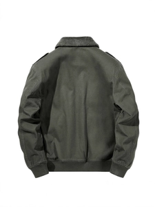 Back view of men's heavy olive cargo jacket with warm fur collar and ribbed cuffs