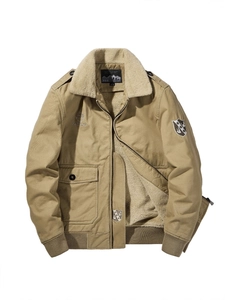 Men's khaki utility aviator jacket with warm sherpa fleece lining and ribbed cuffs