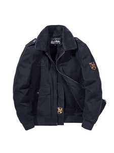 Men's navy blue cargo flight jacket with thick gray fleece lining and embroidery