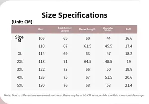 Detailed size chart for men's sun protection jacket with measurements from M to 5XL