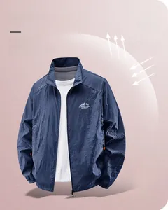 Detail of lightweight sun protection fabric on a hooded navy blue outdoor jacket
