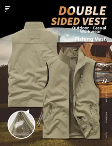 Detail view of khaki outdoor vest with multi-pocket design and breathable mesh lining