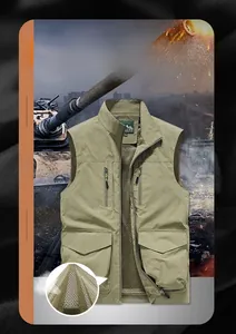 Detail of khaki outdoor tactical fishing vest featuring breathable mesh lining and pockets