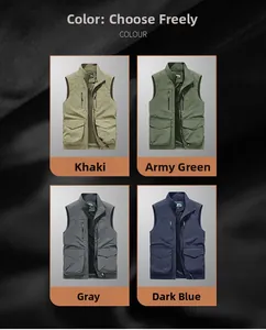 Detail view of multi-pocket outdoor vest in khaki, green, gray, and blue colors