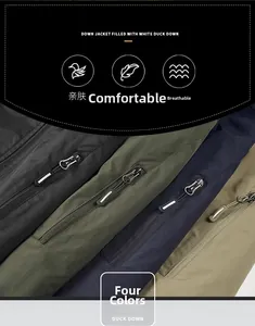 Detail showing zippers and fabric colors of white duck down vests in four classic shades