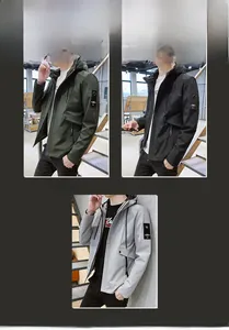Mens hooded windbreaker jacket available in military green, black, and grey options
