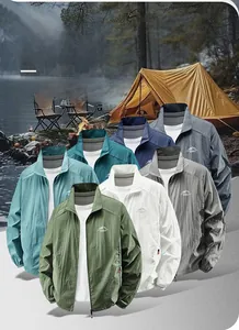 Close-up detail of lightweight hooded sun protection jackets in seven vibrant outdoor colors