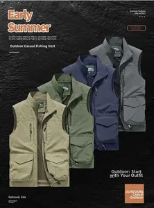 Outdoor multi-pocket fishing vests in four colors displayed on a textured stone surface