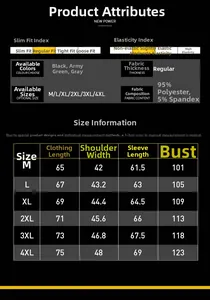 Detailed size chart for men's slim fit jacket with polyester fabric and size specifications