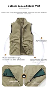 Detail of khaki outdoor vest showing mesh lining, stand collar and zippered utility pockets