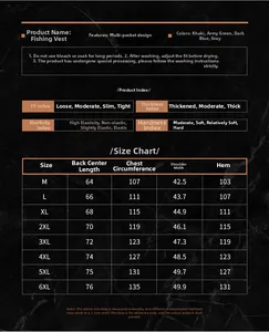 Detailed size chart for multi-pocket outdoor fishing vest with specific measurements