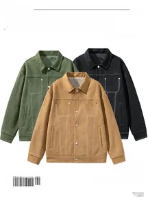Detailed view of suede jackets in green, camel, and black with contrast stitching