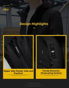 Detail view of men's slim fit black hooded jacket featuring zip pockets and sleeve patch