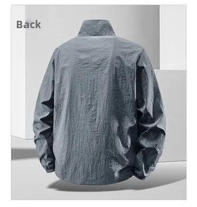 Detailed back view of men's dark gray sun protection jacket with breathable texture