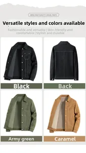 Detail view of khaki green and caramel suede jackets with contrast stitching and chest pockets