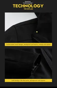 Detail view of men's hooded jacket featuring windproof fabric and adjustable zipper cuffs