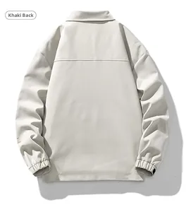 Back view of khaki business casual jacket for men with ribbed cuffs and structured fabric
