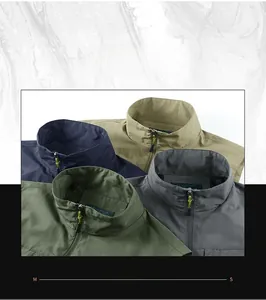 Detail of four multi-pocket outdoor fishing vests with stand collars and zipper pulls