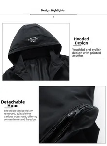 Detail of detachable hood with zipper and TAOUOUTO print on a black waterproof jacket