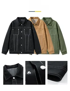 Detail of workwear suede jackets in black, khaki, and green with contrast stitching