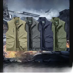 Detailed flat lay of four multi-pocket outdoor vests in khaki, grey, navy, and green