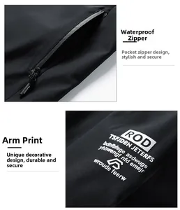 Detail of waterproof zipper with taped seams and white printed lettering on black jacket