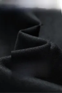 Close-up of black suede jacket fabric showing fine texture and premium thickness