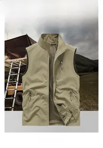 Detail view of khaki outdoor vest with breathable mesh lining and multiple zipper pockets