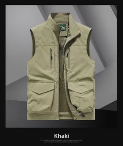Detail of khaki outdoor vest showing stand collar and breathable mesh lining structure