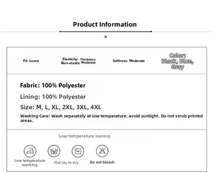 Size chart and fabric details for waterproof men's jacket with 100% polyester information