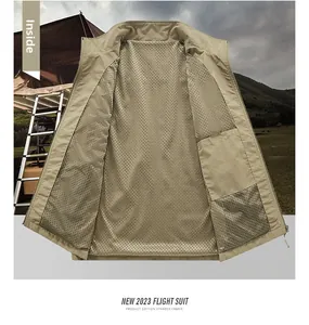 Detail view of khaki fishing vest showing breathable black mesh lining and inside pocket